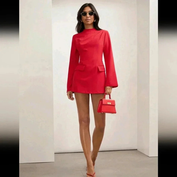 Women's Spring & Summer Solid Color Stand Collar Flare Sleeve Short Mini Dress - Picture 3 of 5